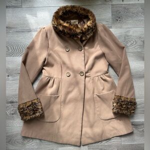 Women's Tan Coat with Faux Fur Trim